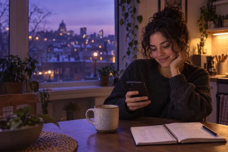 A woman reads a lesson on her phone at her kitchen table in the evening.